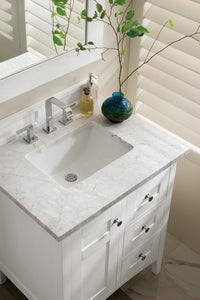 Palisades 30" Single Vanity, Bright White w/ 3 CM Carrara Marble Top