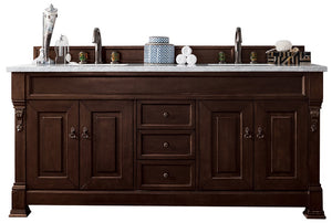 Brookfield 72" Double Vanity, Burnished Mahogany w/ 3 CM Arctic Fall Solid Surface Top