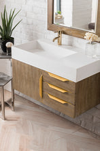 Load image into Gallery viewer, Mercer Island 36&quot; Single Vanity, Latte Oak, Radiant Gold w/ Glossy White Composite Top