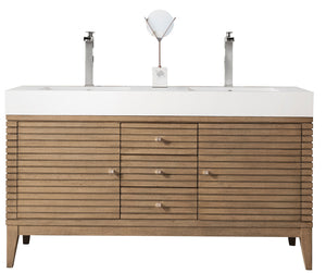 Linear 59" Double Vanity Whitewashed Walnut w/ Glossy White Composite Top