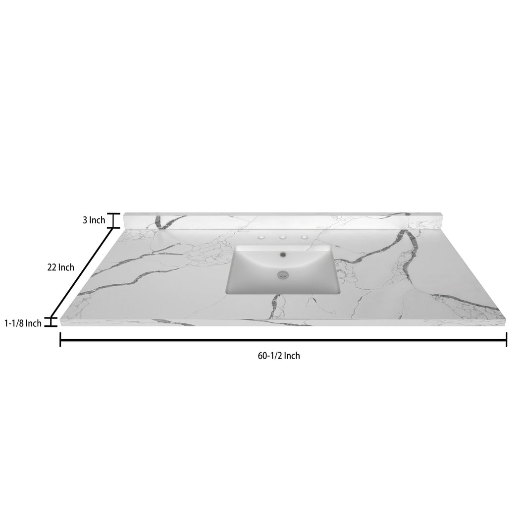 Stock Top 3 CM Calacatta White Quartz 60.5 Single In W x 22 In D