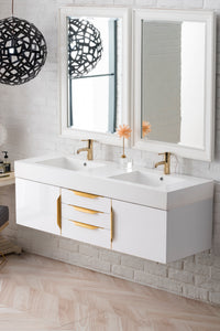 Mercer Island 59" Double Vanity, Glossy White, Radiant Gold w/ Glossy White Composite Top