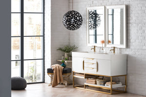 Columbia 59" Double Vanity, Glossy White, Radiant Gold w/ Glossy White Composite Top