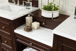 Bathroom Vanities Outlet Atlanta Renovate for LessDe Soto 82" Double Vanity Set, Burnished Mahogany w/ Makeup Table, 3 CM Arctic Fall Solid Surface Top