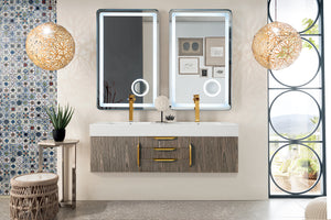 Mercer Island 59" Double Vanity, Ash Gray, Radiant Gold w/ Glossy White Composite Top