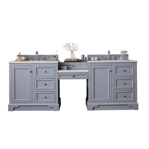 De Soto 94" Double Vanity Set, Silver Gray w/ Makeup Table, 3 CM Arctic Fall Solid Surface Top