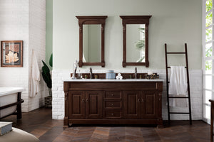 Brookfield 72" Double Vanity, Burnished Mahogany w/ 3 CM Carrara Marble Top