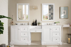 De Soto 94" Double Vanity Set, Bright White w/ Makeup Table, 3 CM White Zeus Quartz Top