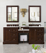 Load image into Gallery viewer, De Soto 82&quot; Double Vanity Set, Burnished Mahogany w/ Makeup Table, 3 CM Arctic Fall Solid Surface Top