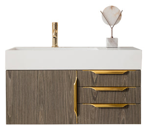 Mercer Island 36" Single Vanity, Ash Gray, Radiant Gold w/ Glossy White Composite Top
