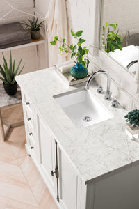 Providence 48" Single Vanity Cabinet, Bright White, w/ 3 CM Eternal Jasmine Pearl Quartz Top