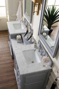 De Soto 82" Double Vanity Set, Silver Gray w/ Makeup Table, 3 CM Carrara Marble Top