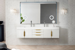 Mercer Island 72" Double Vanity, Glossy White, Radiant Gold w/ Glossy White Composite Top