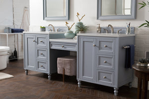 Copper Cove Encore 86" Double Vanity Set, Silver Gray w/ Makeup Table, 3 CM Classic White Quartz Top James Martin