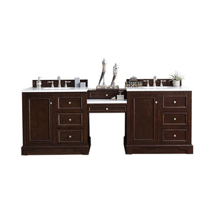 De Soto 94" Double Vanity Set, Burnished Mahogany w/ Makeup Table, 3 CM Arctic Fall Solid Surface Top