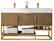 Load image into Gallery viewer, Columbia 59&quot; Double Vanity, Latte Oak, Radiant Gold w/ Glossy White Composite Top