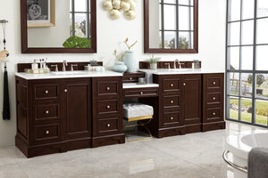 De Soto 118" Double Vanity Set, Burnished Mahogany w/ Makeup Table, 3 CM Arctic Fall Solid Surface Top