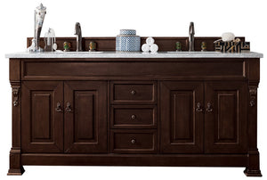 Brookfield 72" Double Vanity, Burnished Mahogany w/ 3 CM Carrara Marble Top