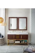 Load image into Gallery viewer, Columbia 59&quot; Double Vanity, Coffee Oak, Radiant Gold w/ Glossy White Composite Top