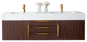 Mercer Island 59" Double Vanity, Coffee Oak, Radiant Gold w/ Glossy White Composite Top