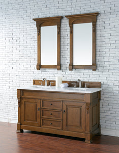 Brookfield 60" Double Vanity, Country Oak w/ 3 CM Classic White Quartz Top