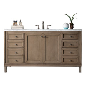 Chicago 60" Single Vanity, Whitewashed Walnut w/ 3 CM Arctic Fall Solid Surface Top