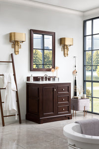 De Soto 36" Single Vanity, Burnished Mahogany w/ 3 CM White Zeus Quartz Top