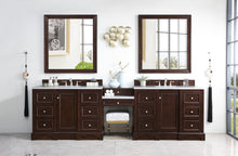 Load image into Gallery viewer, De Soto 118&quot; Double Vanity Set, Burnished Mahogany w/ Makeup Table, 3 CM Arctic Fall Solid Surface Top