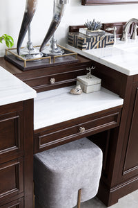 De Soto 94" Double Vanity Set, Burnished Mahogany w/ Makeup Table, 3 CM Arctic Fall Solid Surface Top