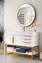 Load image into Gallery viewer, Columbia 48&quot; Single Vanity, Glossy White, Radiant Gold w/ Glossy White Composite Top
