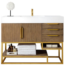 Load image into Gallery viewer, Columbia 48&quot; Single Vanity, Latte Oak, Radiant Gold w/ Glossy White Composite Top