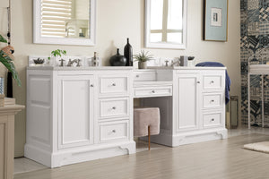 De Soto 94" Double Vanity Set, Bright White w/ Makeup Table, 3 CM White Zeus Quartz Top