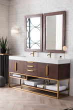 Load image into Gallery viewer, Columbia 72&quot; Double Vanity, Coffee Oak, Radiant Gold w/ Glossy White Composite Top