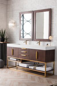 Columbia 72" Double Vanity, Coffee Oak, Radiant Gold w/ Glossy White Composite Top