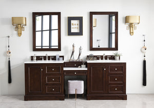 De Soto 94" Double Vanity Set, Burnished Mahogany w/ Makeup Table, 3 CM White Zeus Quartz Top