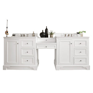 De Soto 94" Double Vanity Set, Bright White w/ Makeup Table, 3 CM White Zeus Quartz Top