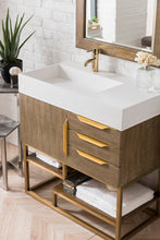 Load image into Gallery viewer, Columbia 36&quot; Single Vanity, Latte Oak, Radiant Gold w/ Glossy White Composite Top