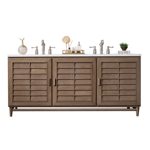 Portland 72" Double Vanity Whitewashed Walnut, w/ 3 CM White Zeus Quartz Top