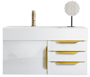 Mercer Island 36" Single Vanity, Glossy White, Radiant Gold w/ Glossy White Composite Top