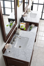 Load image into Gallery viewer, De Soto 94&quot; Double Vanity Set, Burnished Mahogany w/ Makeup Table, 3 CM Carrara Marble Top