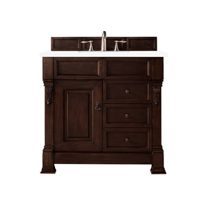 Brookfield 36" Single Vanity, Burnished Mahogany w/ 3 CM White Zeus Quartz Top