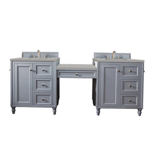 Copper Cove Encore 86" Double Vanity Set, Silver Gray w/ Makeup Table, 3 CM Eternal Serena Quartz Top