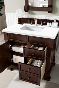 Brookfield 36" Single Vanity, Burnished Mahogany w/ 3 CM White Zeus Quartz Top