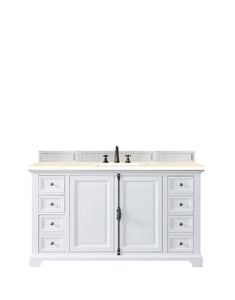 Providence 60" Single Vanity Cabinet, Bright White, w/ 3 CM Eternal Marfil Quartz Top James Martin
