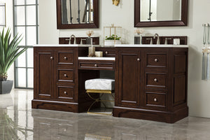 De Soto 82" Double Vanity Set, Burnished Mahogany w/ Makeup Table, 3 CM Arctic Fall Solid Surface Top