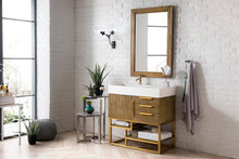 Load image into Gallery viewer, Columbia 36&quot; Single Vanity, Latte Oak, Radiant Gold w/ Glossy White Composite Top