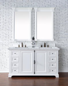 Providence 60" Bright White Double Vanity w/ 3 CM Carrara Marble Top James Martin