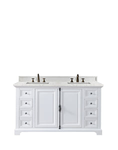 Providence 60" Double Vanity Cabinet, Bright White, w/ 3 CM Eternal Jasmine Pearl Quartz Top James Martin