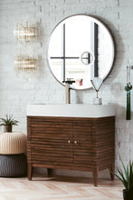 Load image into Gallery viewer, Linear 36&quot; Single Vanity, Mid Century Walnut w/ Glossy White Composite Top