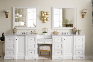 De Soto 118" Double Vanity Set, Bright White w/ Makeup Table, 3 CM Carrara Marble Top